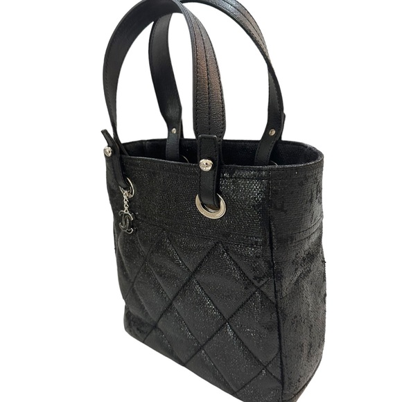 Chanel Paris Biarritz Tote PM Black Coated Canvas Leather Women's Tote Bag Black - Picture 4 of 12